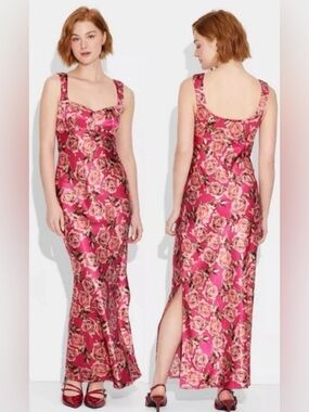 Wild Fable|Pink Satin Floral Sleeveless bodycon Maxi Dress,Fall Staple•••XXL